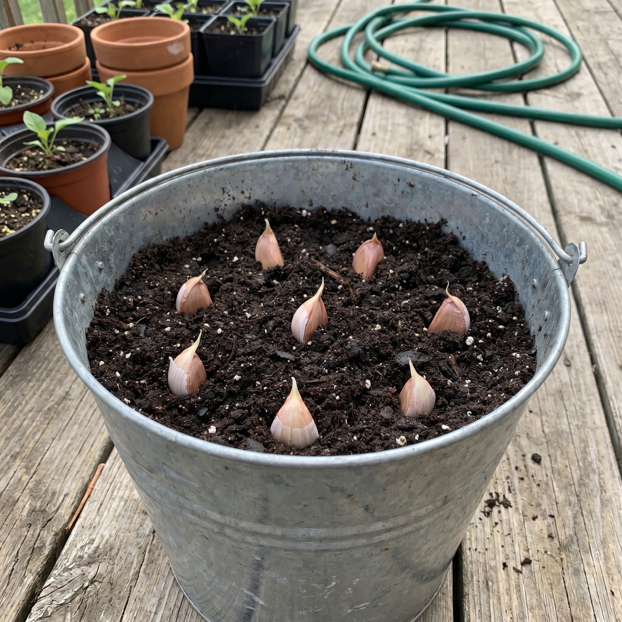 Hands planting a garlic clove pointy side up in a container