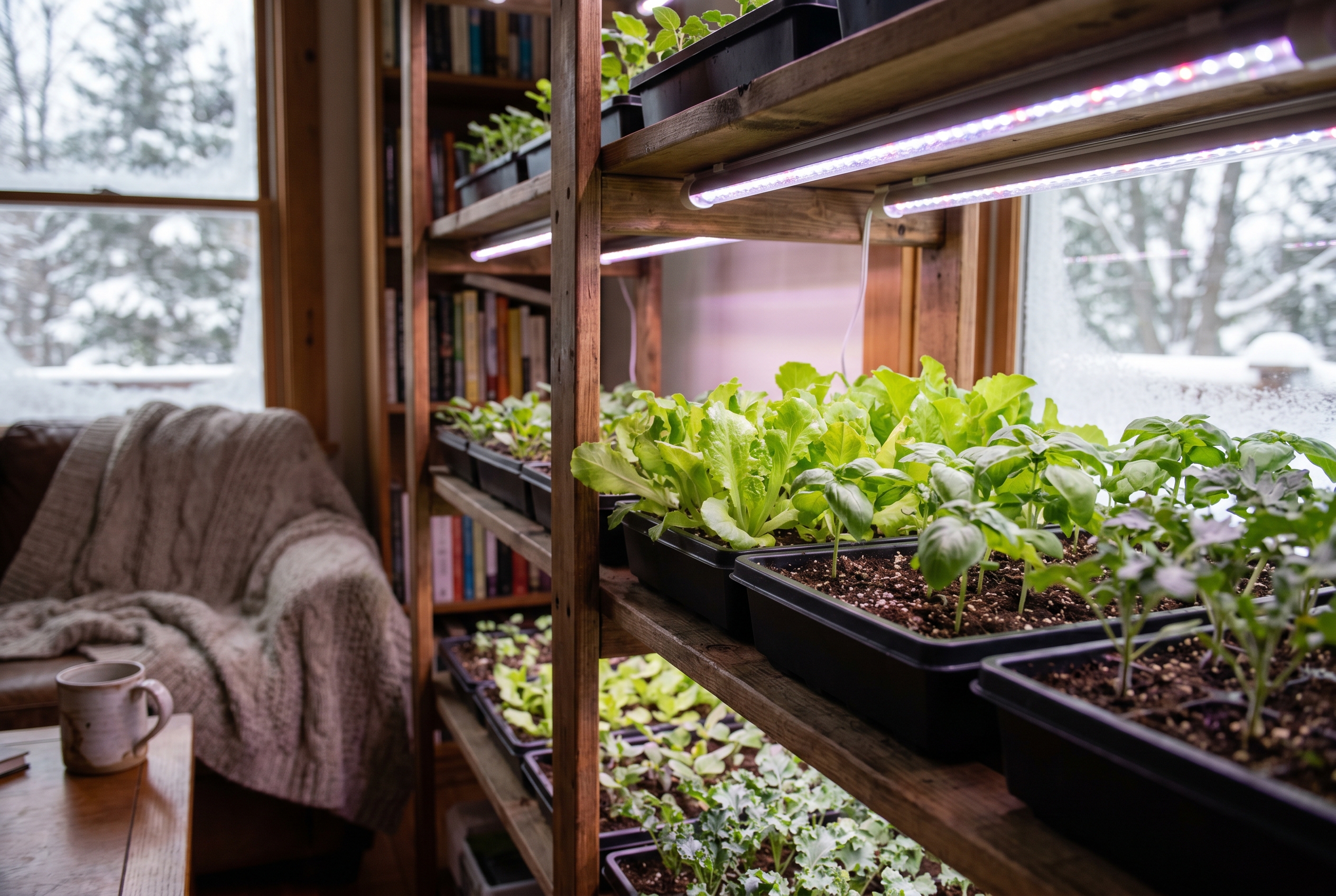 Indoor seedling shelves lit by grow lights for winter growing